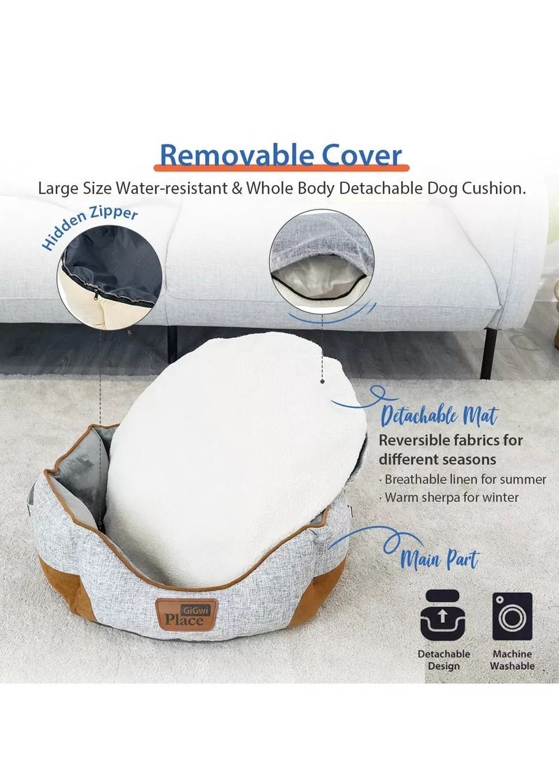 GIGWI Comfortable Luxury Faux Linen Fabric Washable Removable Cushion Dog Bed Round Multicolor - Image 3