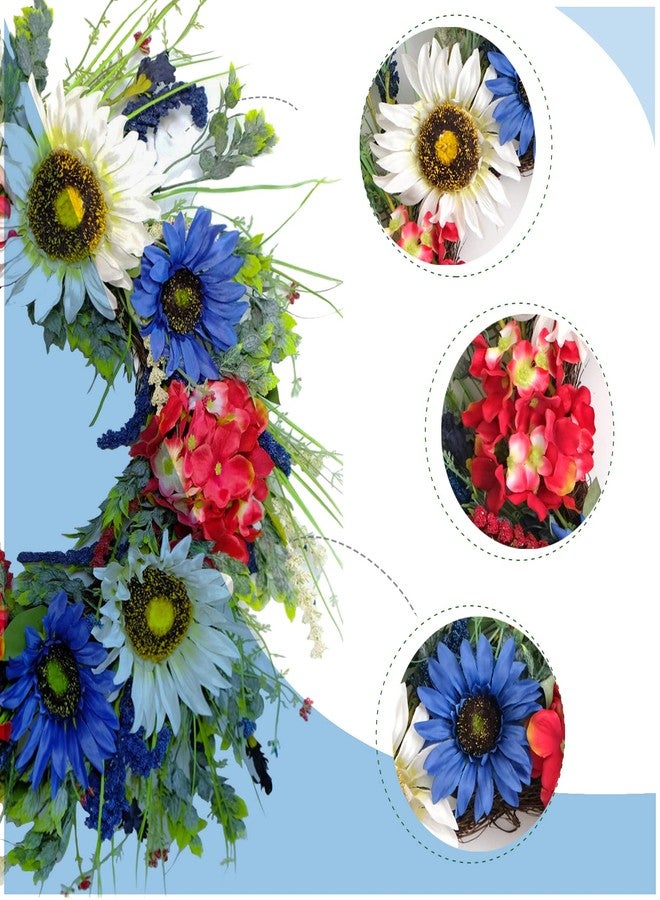 TEMPUS 20 Inch Patriotic Wreath for Front Door Artificial Sunflower Red White and Blue Hydrangea Wreath 4th of July Independence Day Memorial Day Flag Day Hanging Decorations - Image 3