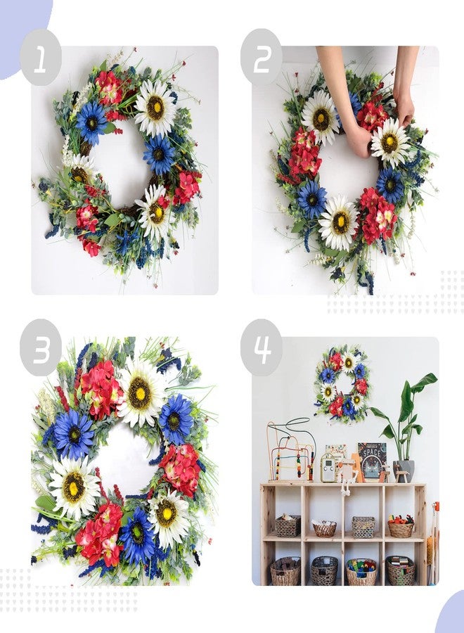 TEMPUS 20 Inch Patriotic Wreath for Front Door Artificial Sunflower Red White and Blue Hydrangea Wreath 4th of July Independence Day Memorial Day Flag Day Hanging Decorations - Image 4