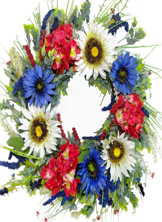 TEMPUS 20 Inch Patriotic Wreath for Front Door Artificial Sunflower Red White and Blue Hydrangea Wreath 4th of July Independence Day Memorial Day Flag Day Hanging Decorations - Image 1
