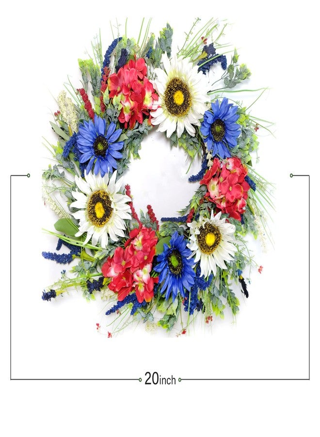 TEMPUS 20 Inch Patriotic Wreath for Front Door Artificial Sunflower Red White and Blue Hydrangea Wreath 4th of July Independence Day Memorial Day Flag Day Hanging Decorations - Image 2