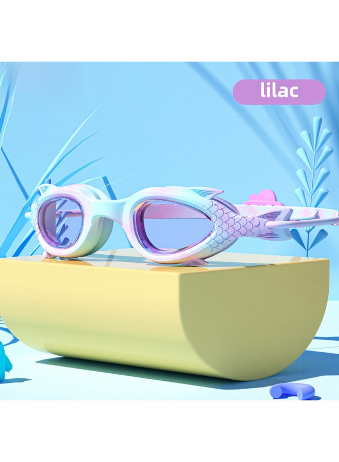 Generic Children's Swimming Goggles Anti-fog Boys And Girls Small Frame Goggles Swimming Training Diving Swimming HD Waterproof Professional Equipment-Color:Lilac Fish Cartoon - Image 1