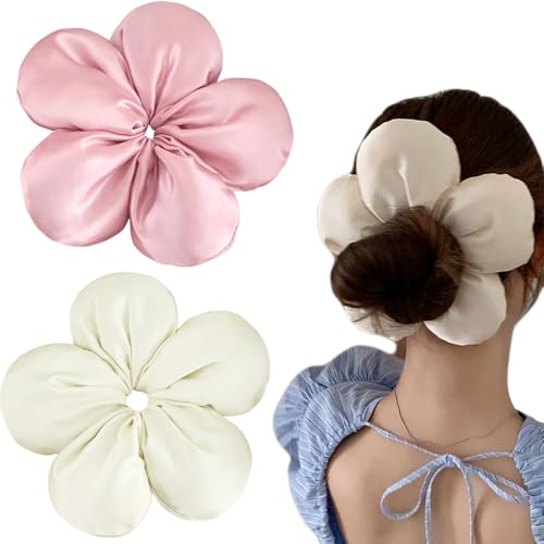 DINPREY Large Flower Satin Hair Scrunchies for Women, Floral Shape Silk Hair Ties for Girls, Fashion Korea Oversized Flower Hair Accessories for Thick Curly Hair (Pink and Beige) - Image 1