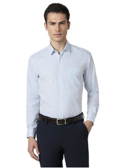 Peter England Peter England Men's Regular Fit Full Sleeve Striped Formal Shirt | Cotton Rich | Wonder Fabric | Premium Dobby Weave Light Blue  - Image 1