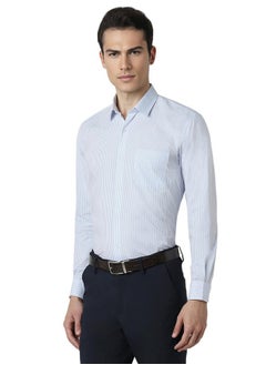 Peter England Peter England Men's Regular Fit Full Sleeve Striped Formal Shirt | Cotton Rich | Wonder Fabric | Premium Dobby Weave Light Blue  - Image 2