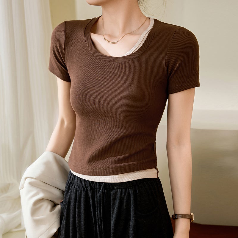 [Select Good Materials] Spliced Contrasting Fake Two-Piece T-Shirt Women'S Short-Sleeved 2025 Slim Fit Bottoming Shirt - Image 1