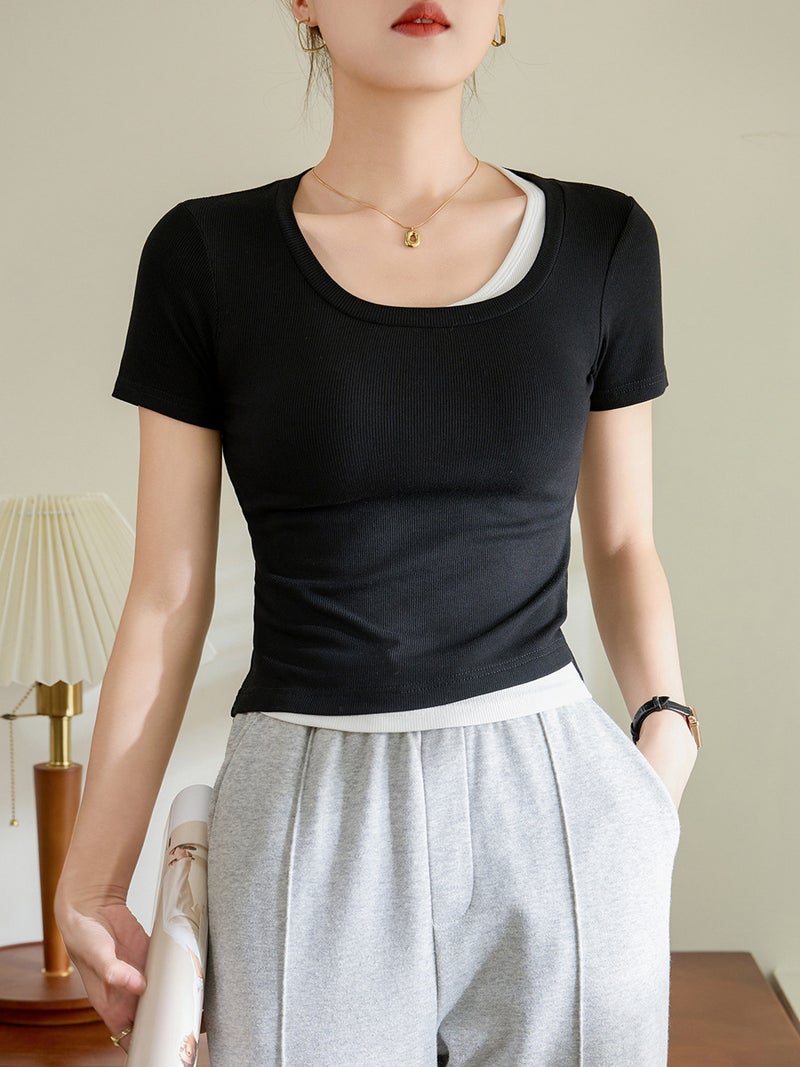 [Select Good Materials] Spliced Contrasting Fake Two-Piece T-Shirt Women'S Short-Sleeved 2025 Slim Fit Bottoming Shirt - Image 2