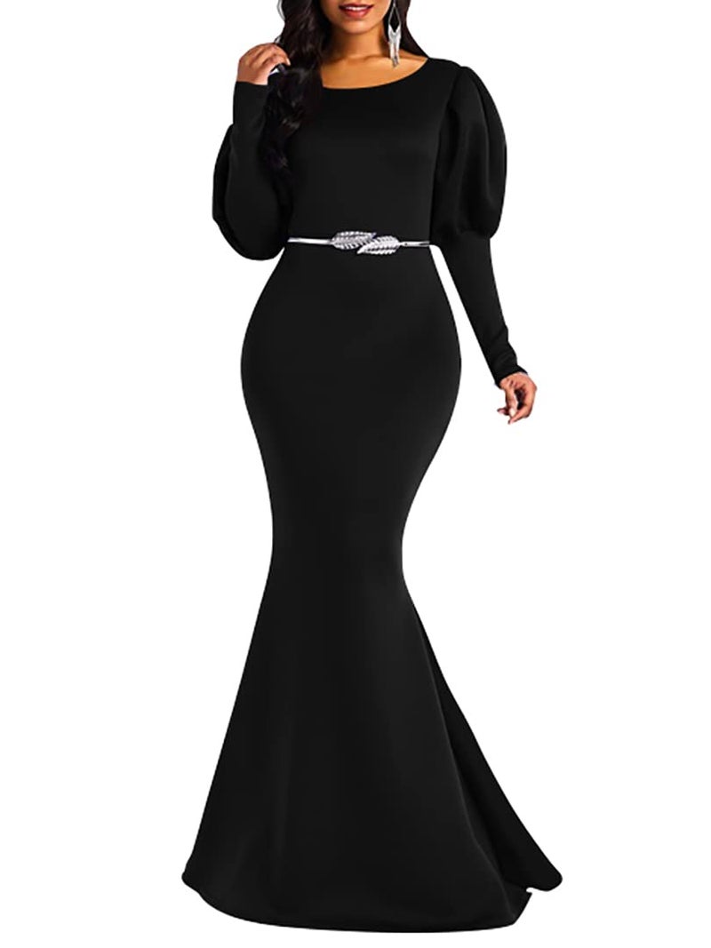 Memoriesea Women's Elegant Long Puff Sleeve Crew Neck Bodycon Mermaid Evening Gown Maxi Dress Black - Image 1