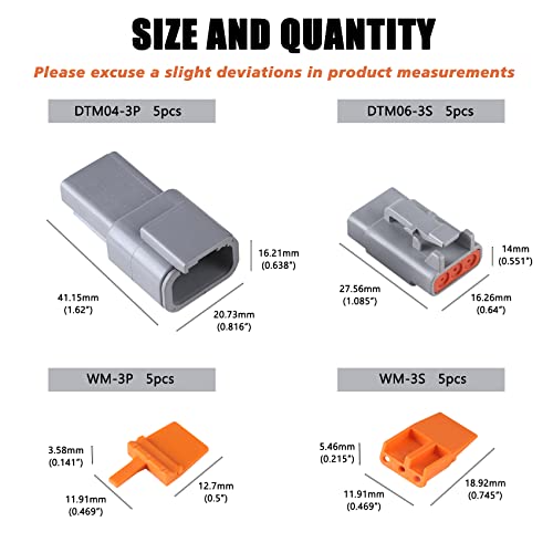 MUYI DTM Connector Kit, 5 Sets 3 Pin IP67 Waterproof Connector DTM04-3P/DTM06-3S for 22-15 AWG Wire Harness with Size 20 Contacts Pin Sockets - Image 2