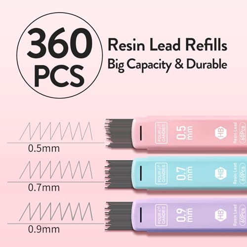 Four Candies Cute Mechanical Pencil Set, 6PCS Pastel Mechanical Pencils 0.5 mm & 0.7mm & 0.9mm with 360PCS Leads, 3PCS Erasers and 9PCS Eraser Refills, Aesthetic Pencils for Girls Writing, Art Drawing - Image 2
