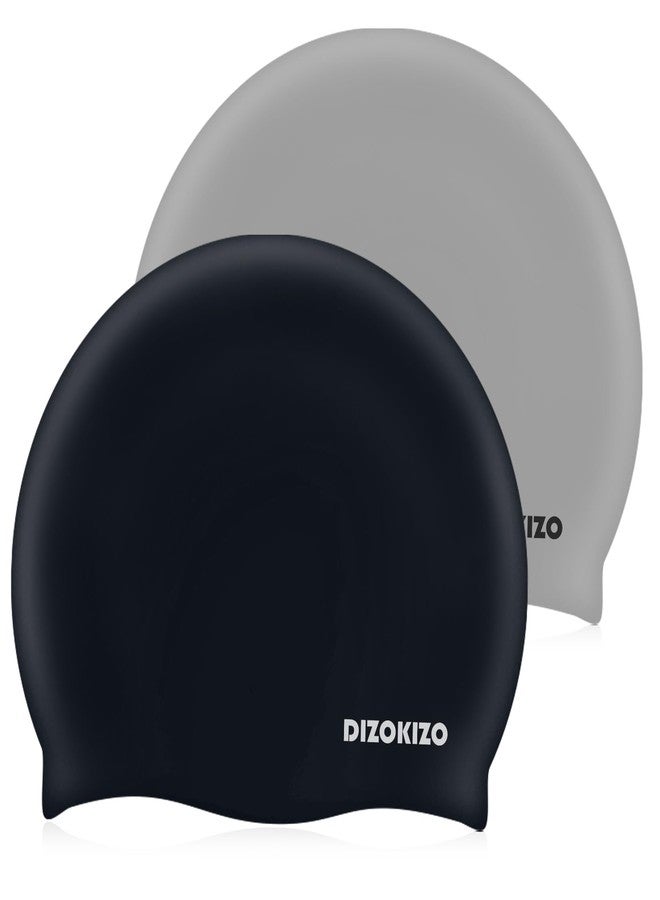 Dizokizo 2pcs High Elasticity Silicone Swim Cap for Women and Men, Comfortable Non-Slip Swimming Caps for Long and Short Hair, Durable Waterproof Swim Hats for Adults, Keep Hair Dry (Grey & Black) - Image 1
