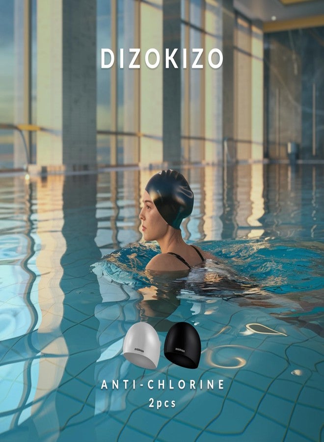 Dizokizo 2pcs High Elasticity Silicone Swim Cap for Women and Men, Comfortable Non-Slip Swimming Caps for Long and Short Hair, Durable Waterproof Swim Hats for Adults, Keep Hair Dry (Grey & Black) - Image 2