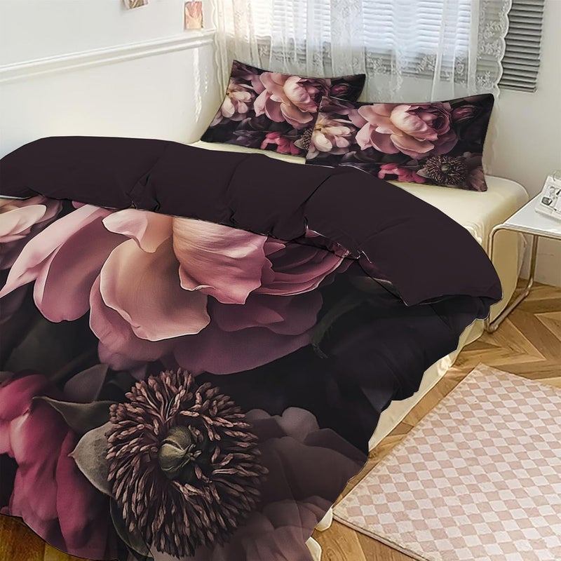 3 Piece Bedding Sets Twin Size - Retro Flowers Bed Set Dark Pink Rose Printed Reversible Design,Soft Microfiber Comforter Duvet Cover Set with Pillow Shams 68 x 90in - Image 3
