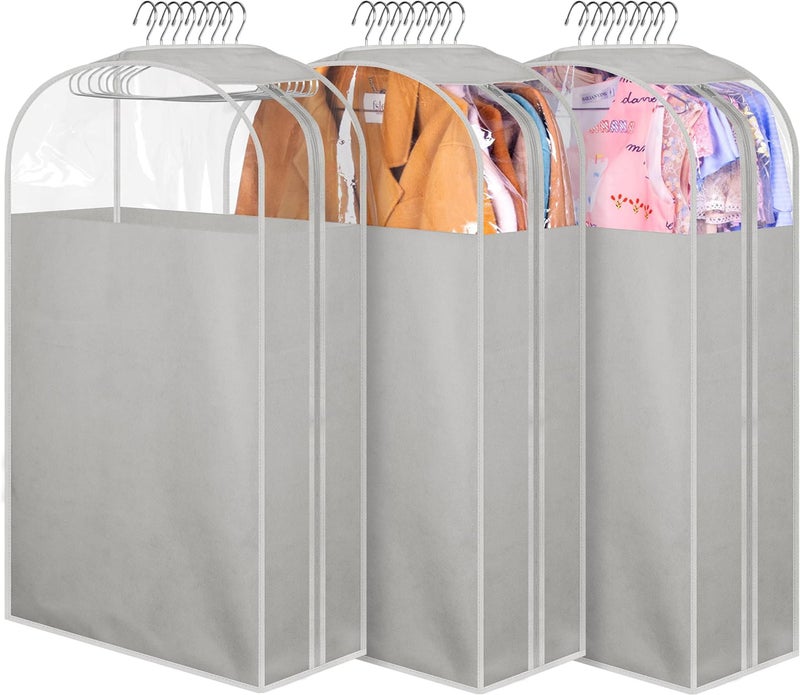 MISSLO 10 Gusseted Garment Bags for Hanging Clothes 32 Suit Bags for Closet Storage Clothing Covers for Shirts Coats 3 Packs Grey