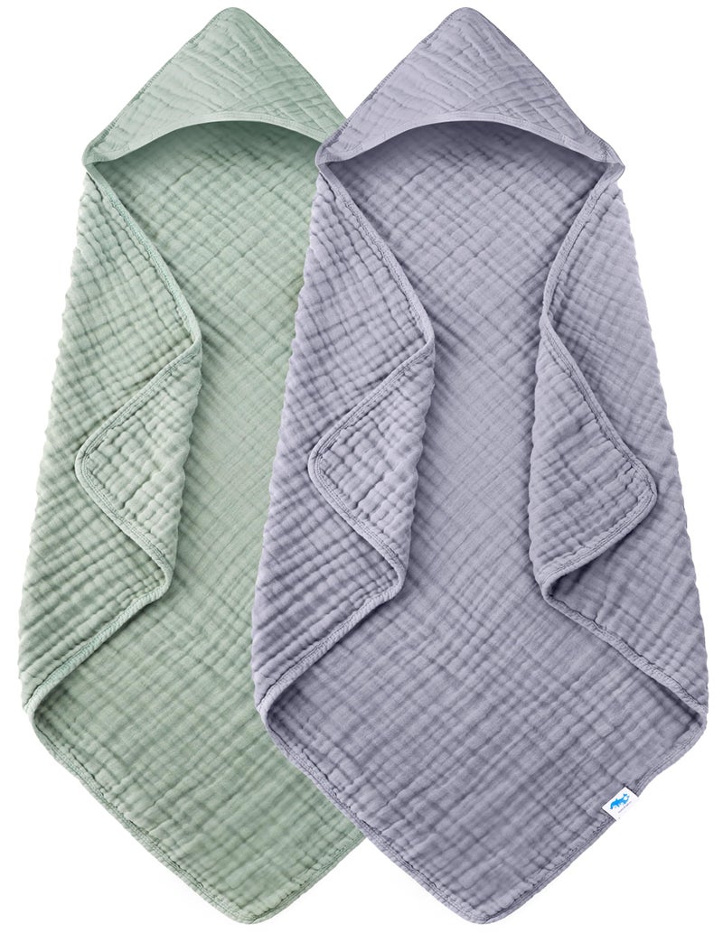SWEET DOLPHIN Muslin Hooded Baby Bath Towels - 2 Pack 100% Cotton Towel for Babies, Infants, Toddlers - 32x32Inch - Highly Absorbent and Newborn Essential, Green and Grey - Image 1