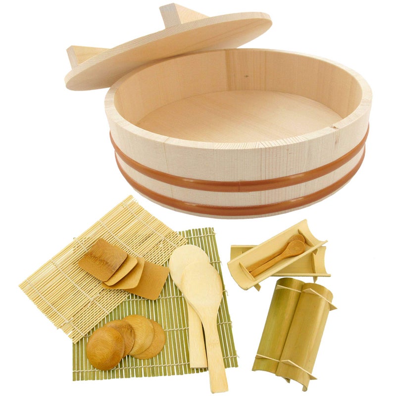 BambooMN 15.3" Hangiri Oke Sushi Rice Cooling Bowl/Tub with Lid, 19 Pieces Making Serving Accessory Kit - Jumbo - Image 5