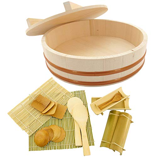 BambooMN 15.3" Hangiri Oke Sushi Rice Cooling Bowl/Tub with Lid, 19 Pieces Making Serving Accessory Kit - Jumbo - Image 1