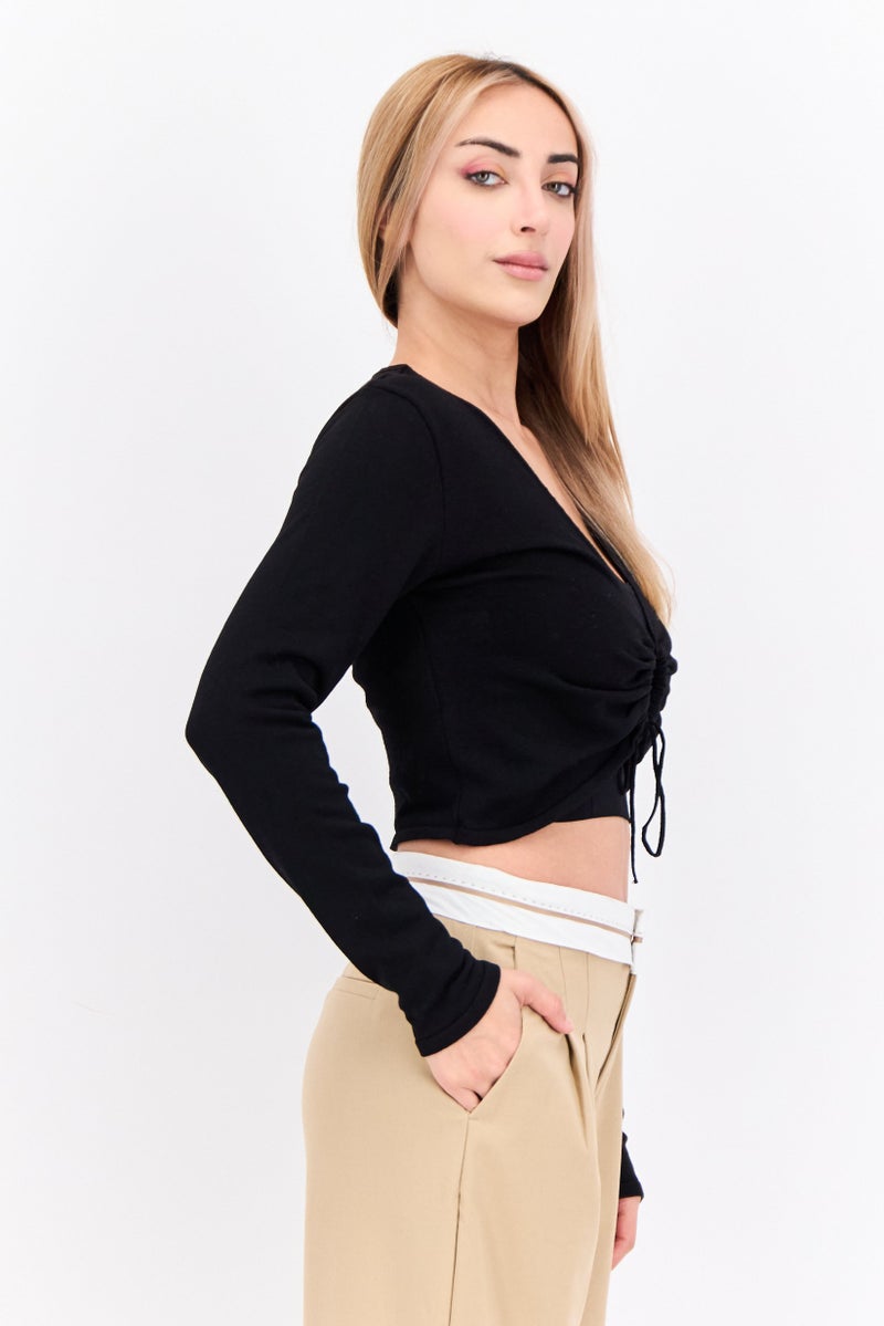 MANGO Women Keyhole Neckline Long Sleeve Solid Top, Black - Image 2