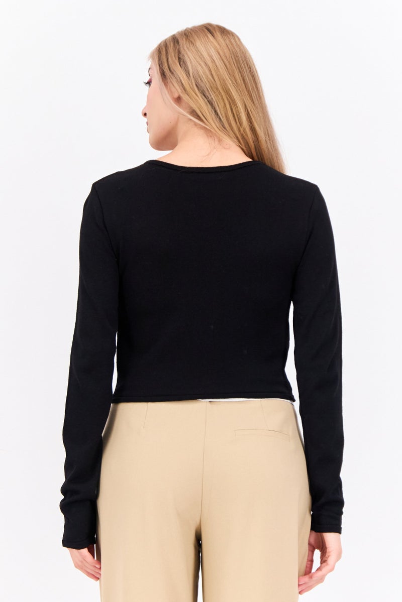 MANGO Women Keyhole Neckline Long Sleeve Solid Top, Black - Image 3