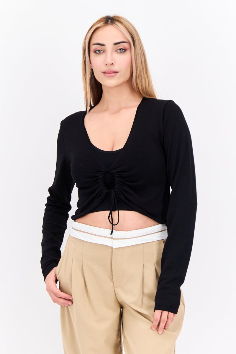 MANGO Women Keyhole Neckline Long Sleeve Solid Top, Black - Image 1