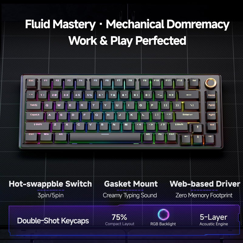 TMKB Technology Mechanical KeyBoard TMKB T81E Mechanical Gaming Keyboard, 75% Gasket Mount Wired Keyboard with Knob & 5-Layer Sound Dampening, Hot-Swappable, RGB Backlit, 82 Keys for Windows/Mac/Linux - Black - Image 2