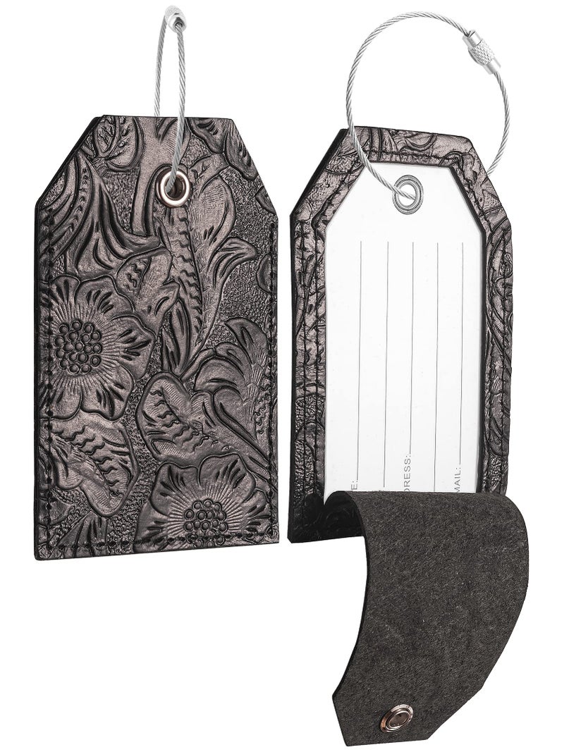 AGBIADD Genuine Leather Set of 2 Luggage Tag with Full Back Privacy Name ID Card Stainless Steel Loop Suitcase Labels Identifiers Baggage Tags Luggage for Women Men Travel (Black Flower) - Image 1