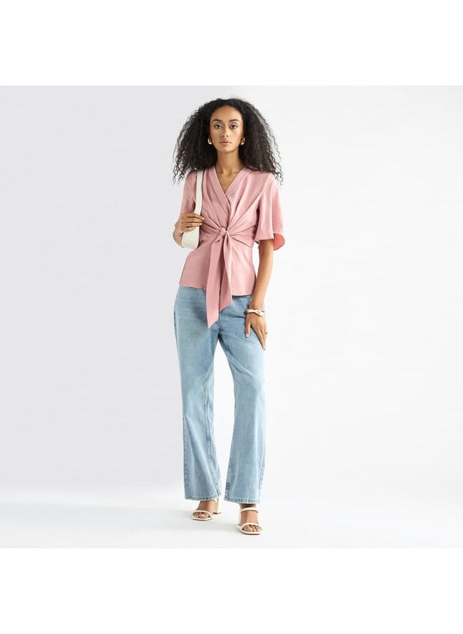 FAV Solid V-neck Top with Flutter Sleeves and Knot Detail  - Image 2