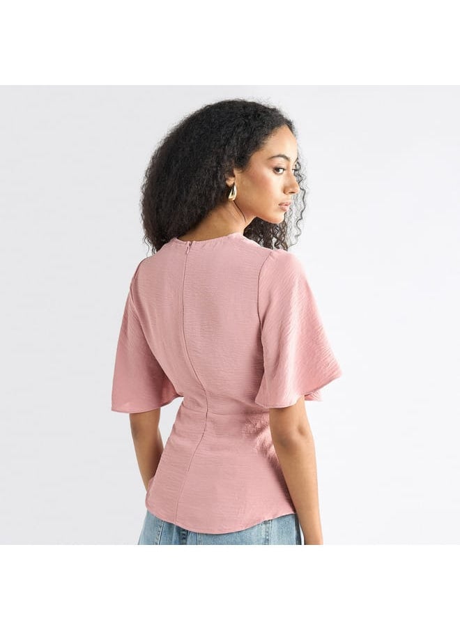 FAV Solid V-neck Top with Flutter Sleeves and Knot Detail  - Image 3