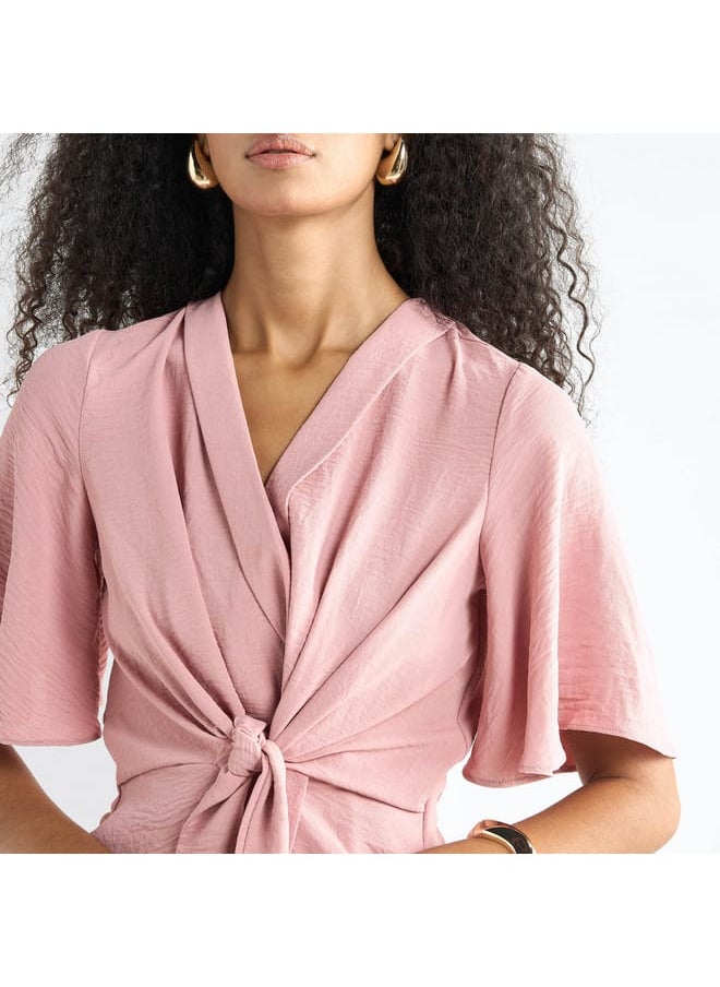 FAV Solid V-neck Top with Flutter Sleeves and Knot Detail  - Image 4