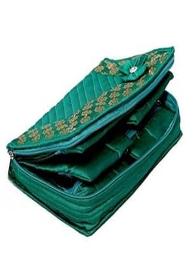 MSclassy Cotton Quilted Jewellery Box | Elegant Designer Case with Zipper Closure | 2 Large & 4 Small Pockets | Size 25 x 15 x 7 cm | Pack of 1 (Green) - Image 2