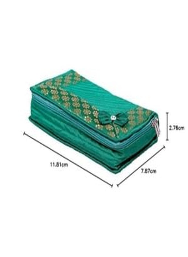 MSclassy Cotton Quilted Jewellery Box | Elegant Designer Case with Zipper Closure | 2 Large & 4 Small Pockets | Size 25 x 15 x 7 cm | Pack of 1 (Green) - Image 4