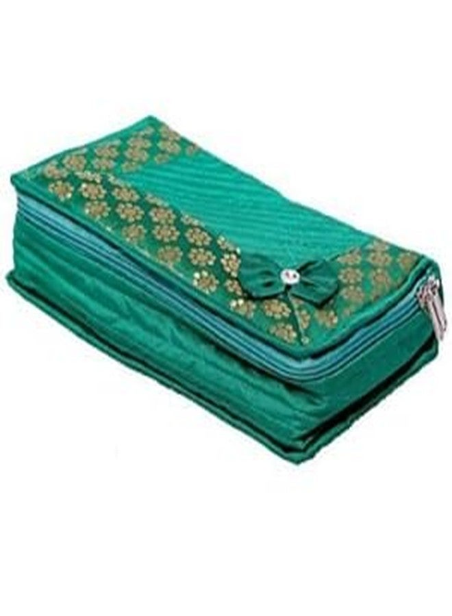MSclassy Cotton Quilted Jewellery Box | Elegant Designer Case with Zipper Closure | 2 Large & 4 Small Pockets | Size 25 x 15 x 7 cm | Pack of 1 (Green) - Image 1
