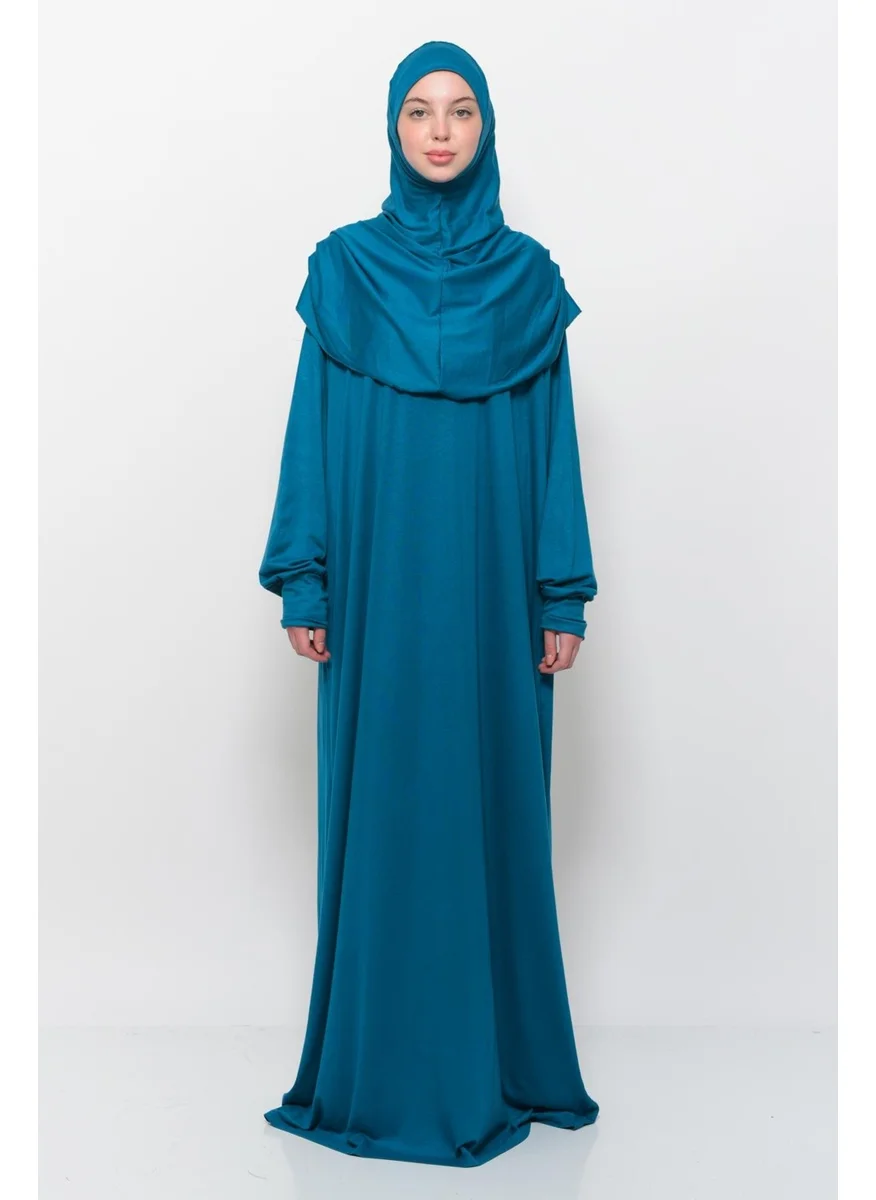 Altobeh Practical One Piece Cotton Bat Sleeves Removable Organic Hijab Prayer Dress with Headscarf - Light Petrol
