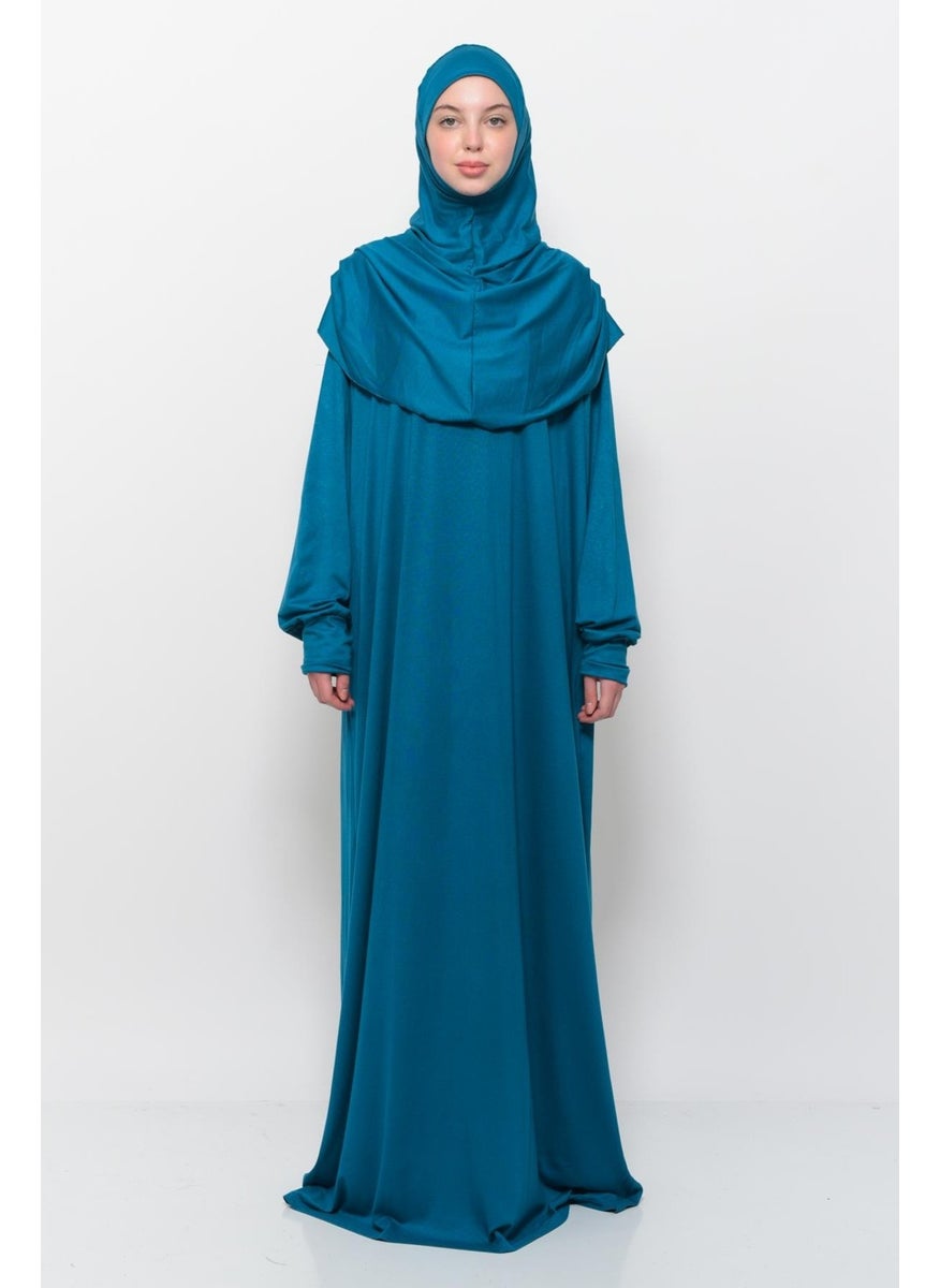 Altobeh Practical One Piece Cotton Bat Sleeves Removable Organic Hijab Prayer Dress with Headscarf - Light Petrol  - Image 1