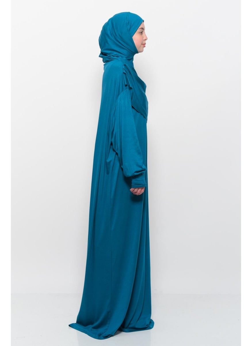 Altobeh Practical One Piece Cotton Bat Sleeves Removable Organic Hijab Prayer Dress with Headscarf - Light Petrol  - Image 3