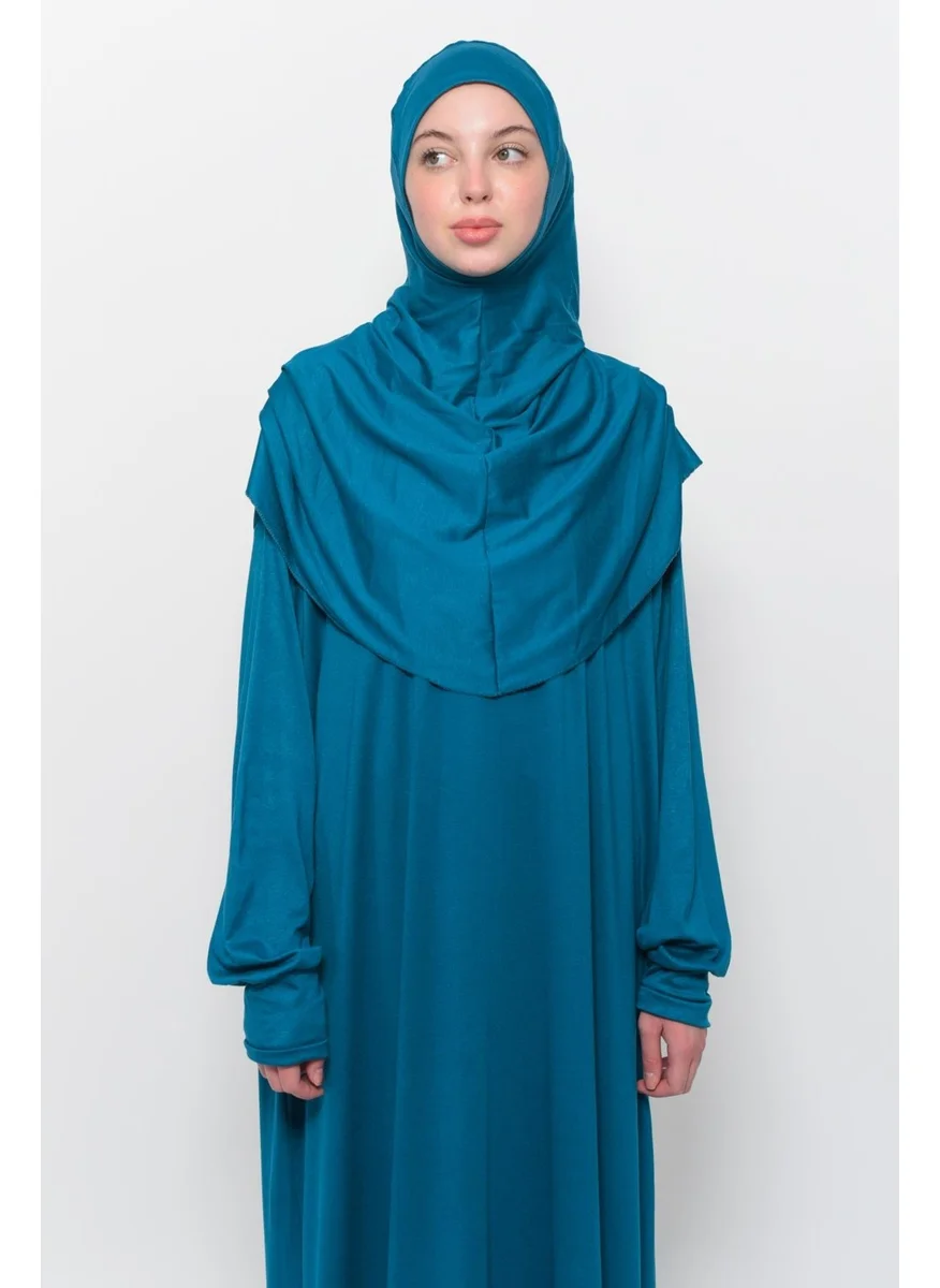 Altobeh Practical One Piece Cotton Bat Sleeves Removable Organic Hijab Prayer Dress with Headscarf - Light Petrol
