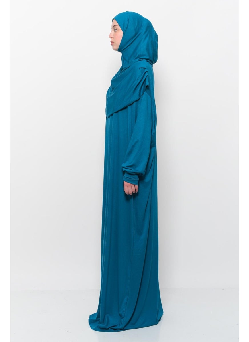 Altobeh Practical One Piece Cotton Bat Sleeves Removable Organic Hijab Prayer Dress with Headscarf - Light Petrol  - Image 4