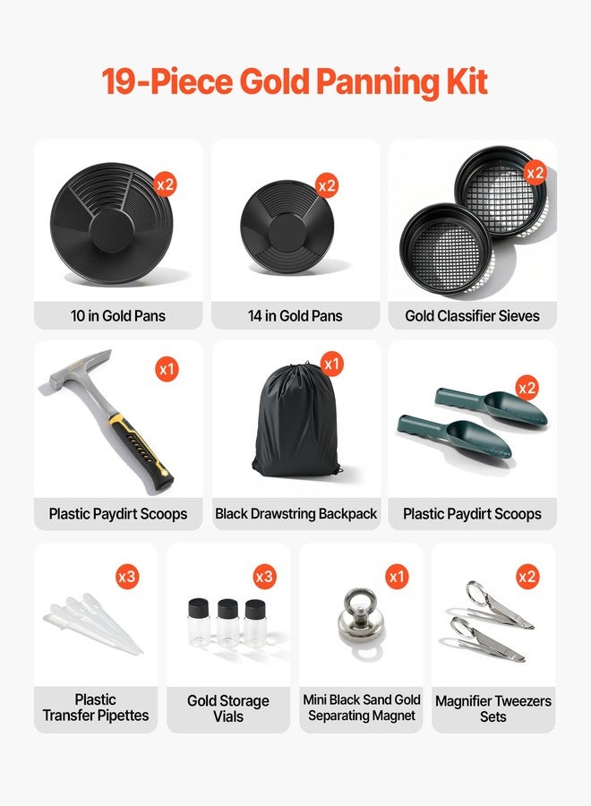 VEVOR Gold Panning Kit, 10 in and 14 in Pans, 19 PCS Portable Prospecting Equipment Kit with Classifier Sieves, Sand Magnet, Rock Pick, Scoops, Backpack, and Accessories, for Outdoor Gold Recovery - Image 2