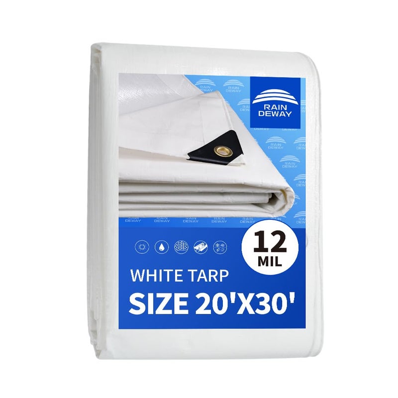 RAINDEWAY 12 Mil Heavy Duty White Tarp 20x30 Feet UV Resistant Waterproof Weatherproof Poly Tarp with Metal Grommets and Reinforced Edges