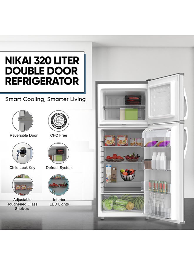 NIKAI 320L Gross / 240L Net, Double Door Top Mount Refrigerator, 2 Glass Shelves And Bottle Storage Racks, Power Saving R600A Gas, CFC Free, Silent Operation Best For Home, Office With Child Lock Key 320 L 307 kW NRF320DN5S Grey - Image 2