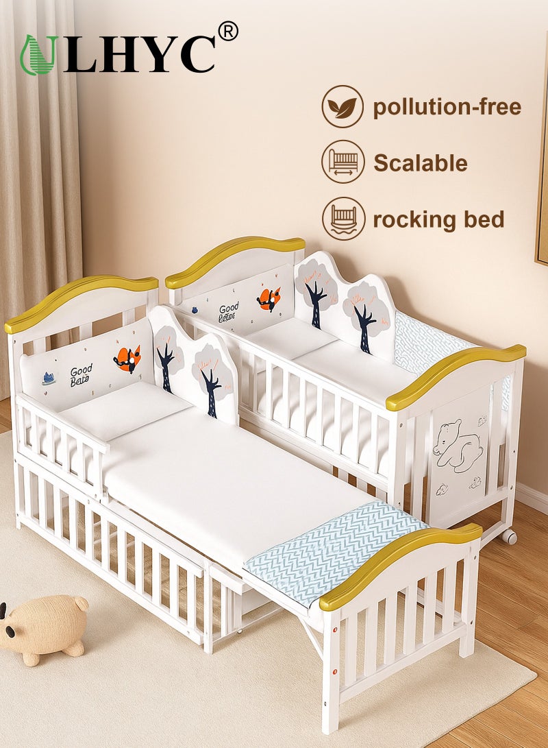 ULHYC Safe German Eco-Certified Paint Wood Baby Bed: 3-in-1 Crib, Bedside Sleeper, Rocker & Playpen, Converts to Full Kids Bed - Image 1