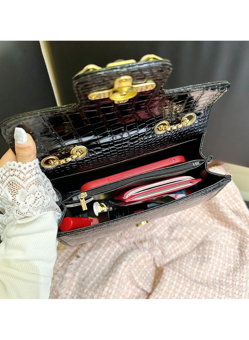 Crossbody Bags for Women Small Purse PU Leather Shoulder Bag Trendy Handbag Satchel Evening with Chain Strap Black 22.5x8x15cm
