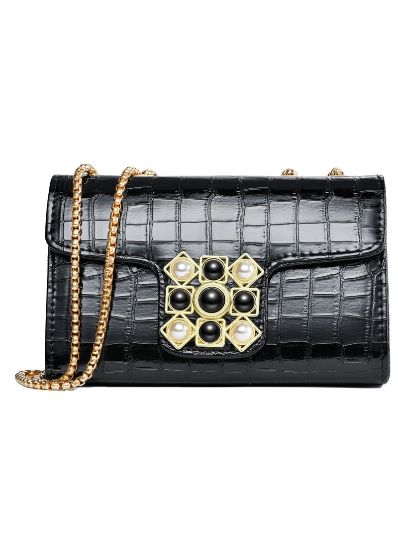 Crossbody Bags for Women Small Purse PU Leather Shoulder Bag Trendy Handbag Satchel Evening with Chain Strap Black 22.5x8x15cm