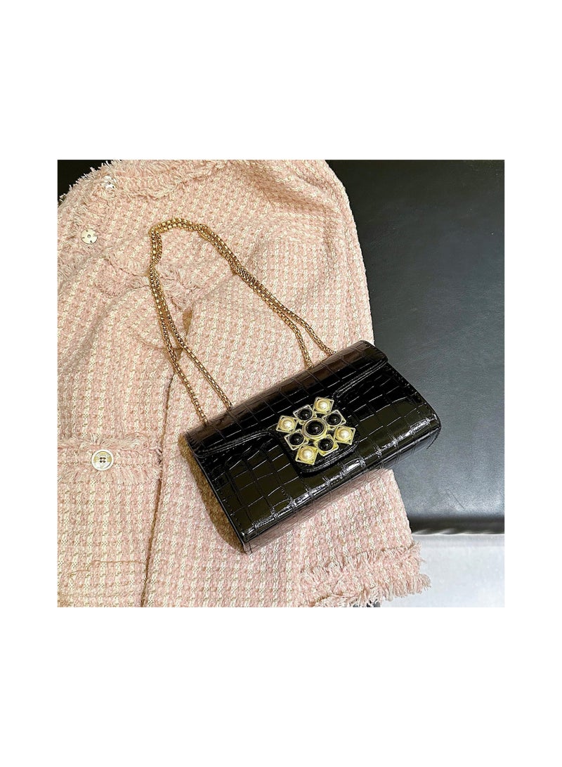 Crossbody Bags for Women Small Purse PU Leather Shoulder Bag Trendy Handbag Satchel Evening with Chain Strap Black 22.5x8x15cm