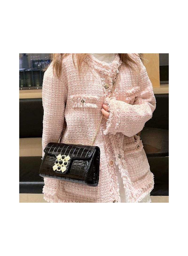 Crossbody Bags for Women Small Purse PU Leather Shoulder Bag Trendy Handbag Satchel Evening with Chain Strap Black 22.5x8x15cm