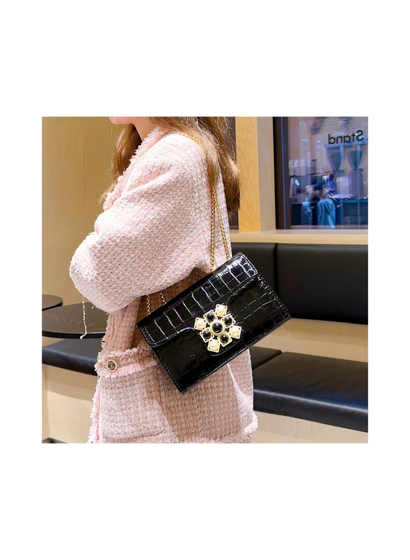 Crossbody Bags for Women Small Purse PU Leather Shoulder Bag Trendy Handbag Satchel Evening with Chain Strap Black 22.5x8x15cm