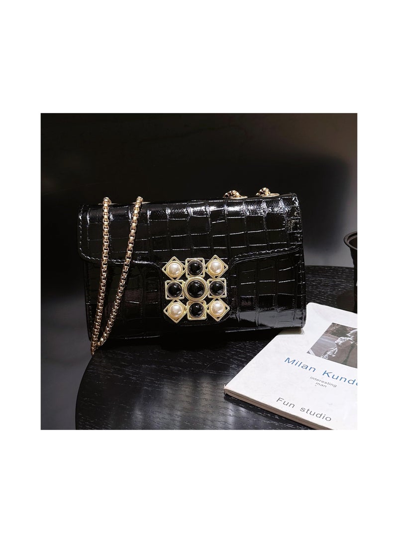 Crossbody Bags for Women Small Purse PU Leather Shoulder Bag Trendy Handbag Satchel Evening with Chain Strap Black 22.5x8x15cm