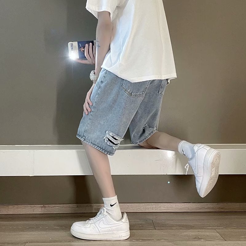 Denim Shorts Mens Summer Thin 2023 New Arrival Five-point Pants Trendy Brand ins Hong Kong Style Korean Style Trendy Mid-length Pants Blue 