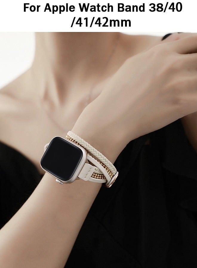 OLYSON Braided Leather Strap Compatible for Apple Watch Band 42mm 41mm 40mm 38mm Women,Genuine Leather Double Tour Designed, Slim Band for iWatch Bands Series 10 9 8 SE 7 6 5 4 3 2 1 - off white - Image 1