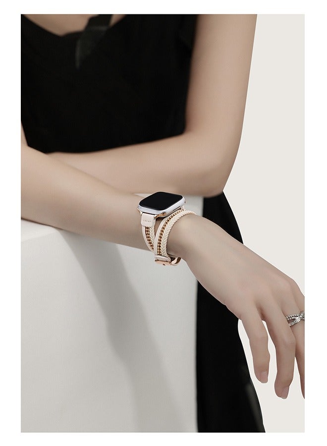 OLYSON Braided Leather Strap Compatible for Apple Watch Band 42mm 41mm 40mm 38mm Women,Genuine Leather Double Tour Designed, Slim Band for iWatch Bands Series 10 9 8 SE 7 6 5 4 3 2 1 - off white - Image 2